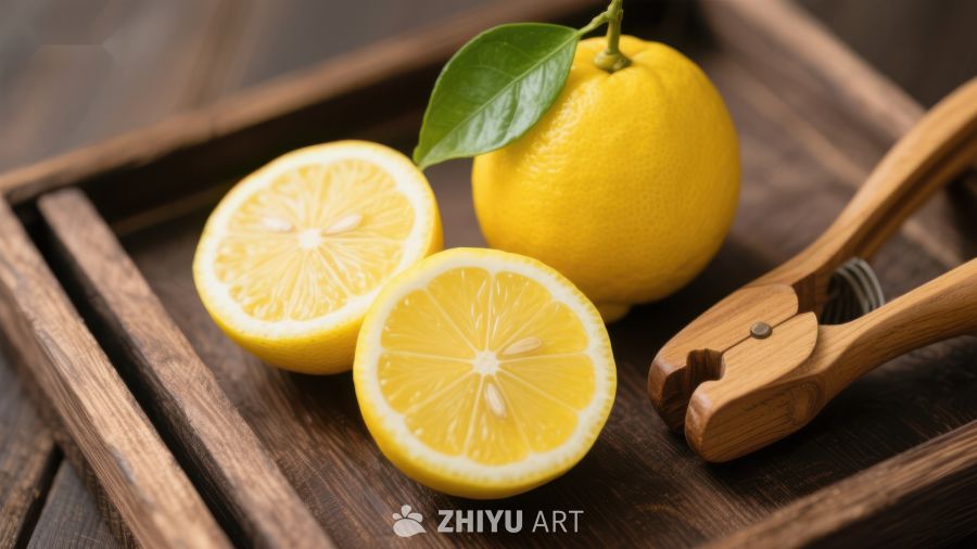 新鲜柠檬与木质榨汁器
