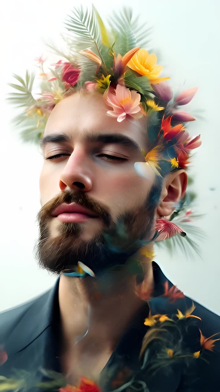 一名留着胡须的男子闭着眼睛，他的头部和肩膀周围环绕
