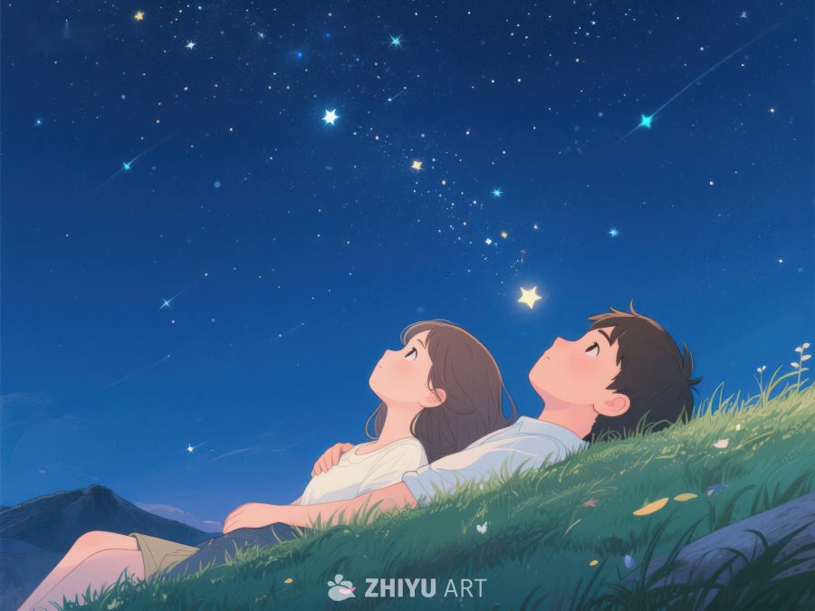 夜空下仰望星星的两人 986