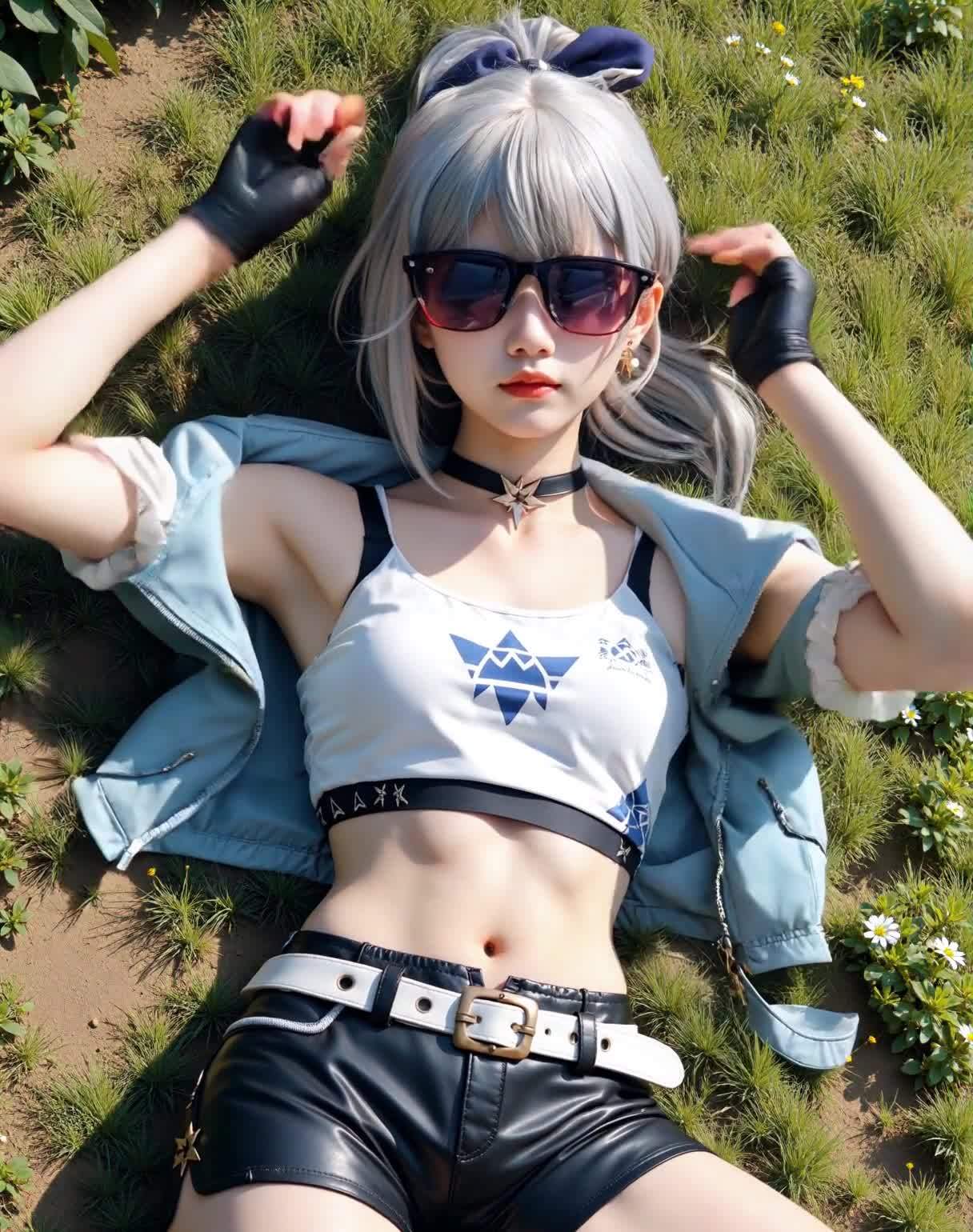 草地银发女孩休闲装扮，阳光下放松姿态