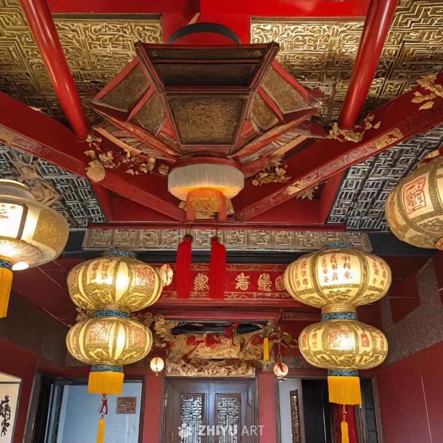 房间顶部是拱形天花板，饰有华丽多彩的亚洲风格图案。