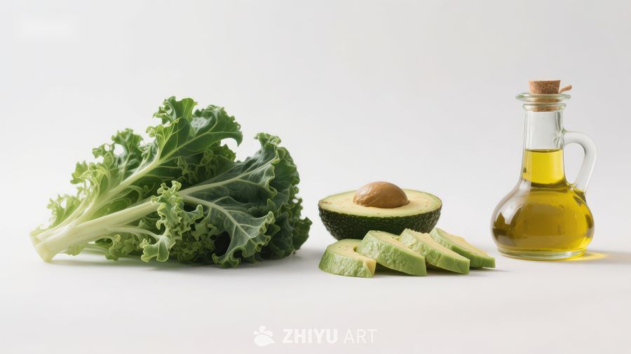 羽衣甘蓝牛油果与橄榄油