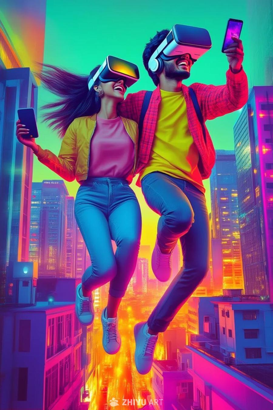 一对年轻男女佩戴着VR头显，手持手机，在城市楼顶跳