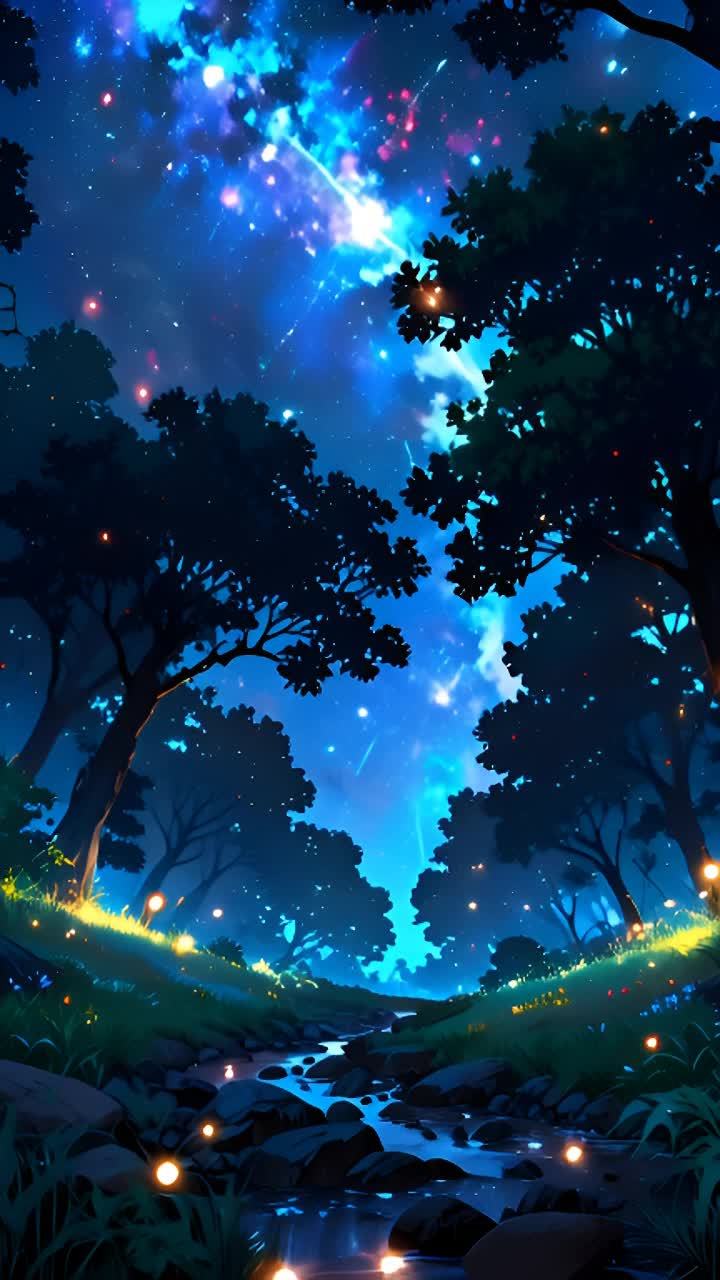 夜空中布满星星，一些流星划过天空。茂密的森林中有一