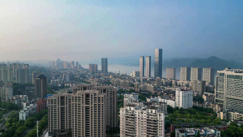 航拍湖北宜昌城市建设清晨  