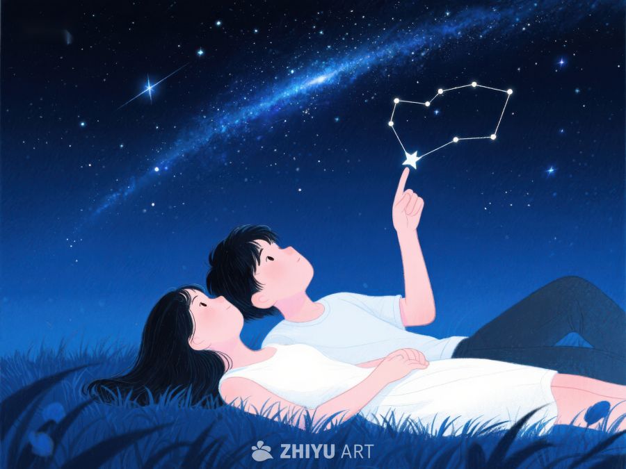 夜空下仰望星座的情侣 988
