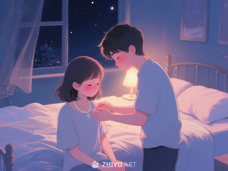 温馨夜晚，男孩为女孩佩戴项链 888