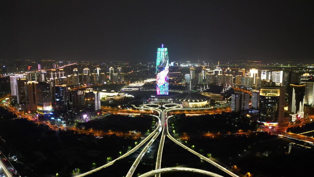 航拍河南郑州中原福塔夜景