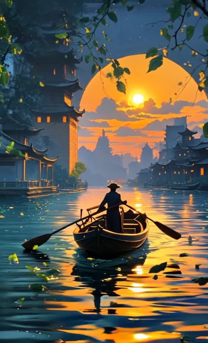 一名身穿长袍、头戴斗笠的男子坐在小船上，手持船桨，