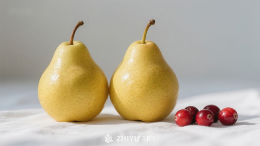 两颗梨与几颗蔓越莓的静物组合