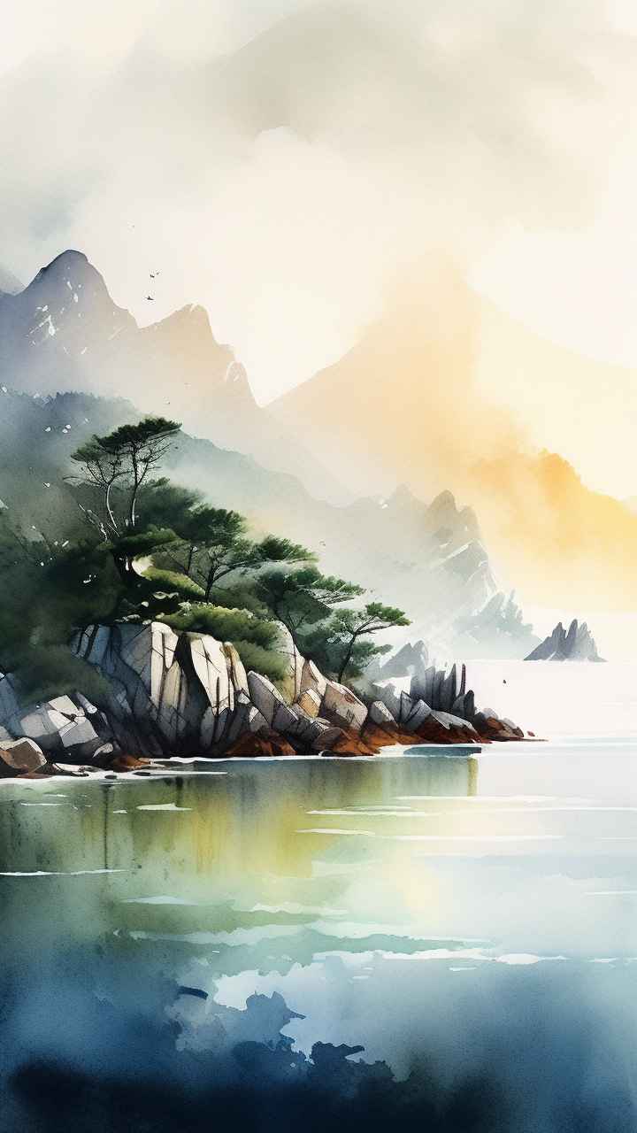雾气缭绕大海山水画简约风格 23