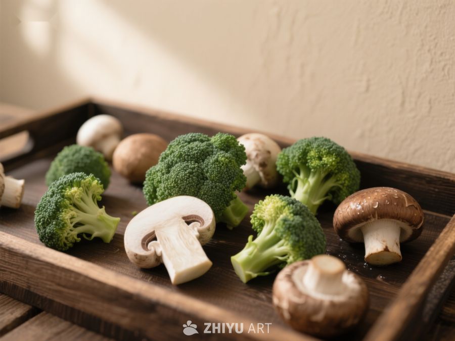 新鲜蘑菇与西兰花摆放在木质托盘上 464