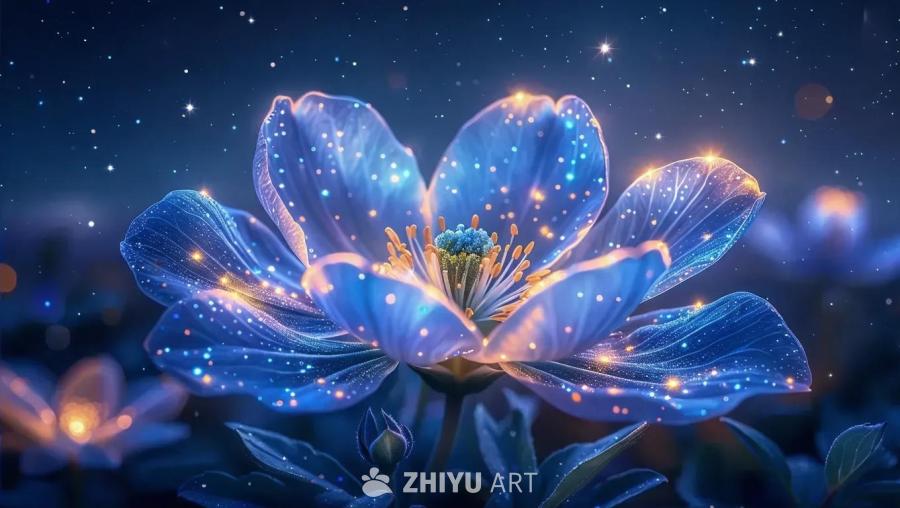 夜空背景下，一朵迷人的生物发光花朵正在绽放。花瓣闪