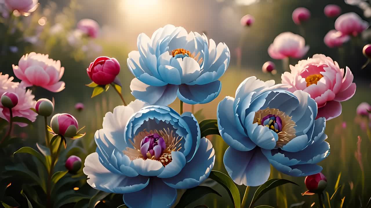 浅蓝色的花朵和粉色的花朵在微风中轻轻摇曳，花瓣舒展
