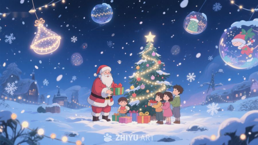 圣诞老人与孩子们在雪夜共度节日 206