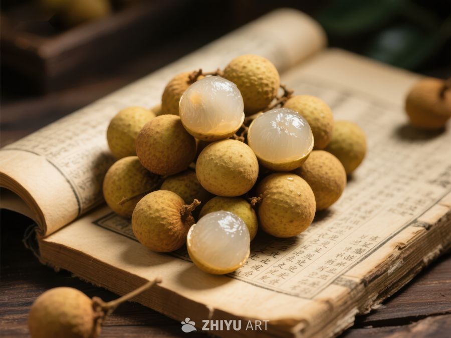 新鲜龙眼堆放在古书上 694