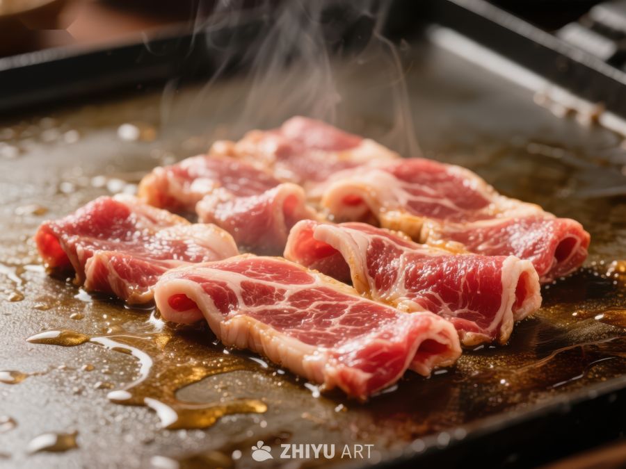 烤肉片在铁板上滋滋作响