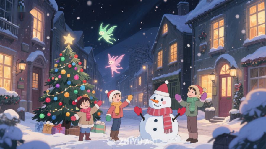 冬夜雪景中的圣诞树与雪人 124