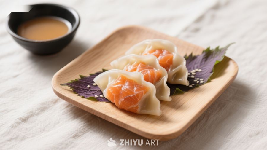 三文鱼饺子配紫苏叶