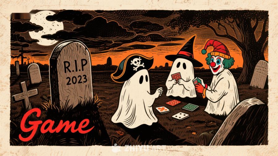 万圣节幽灵在墓地玩纸牌游戏