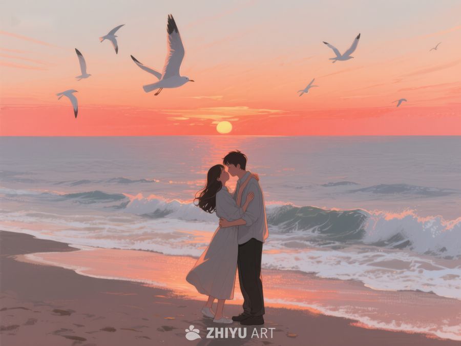 海滩日落下的情侣亲吻 264