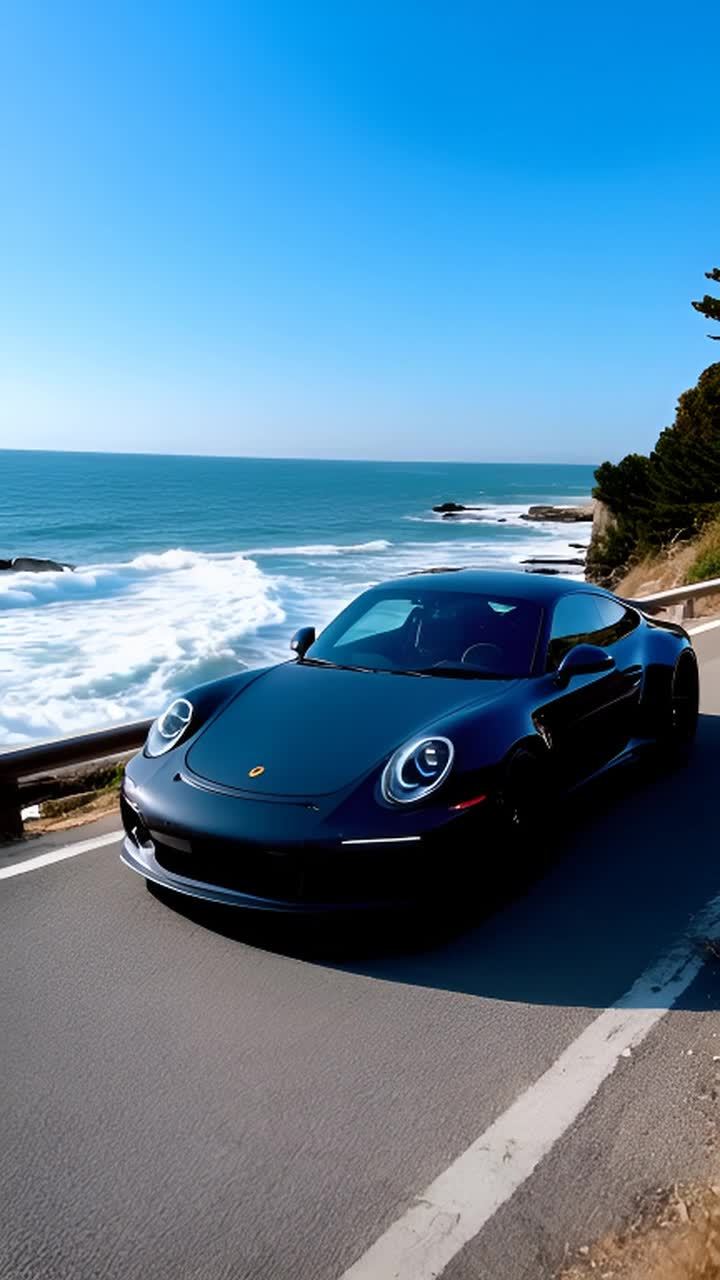 一辆保时捷911停在风景优美的海边公路上。汽车造型