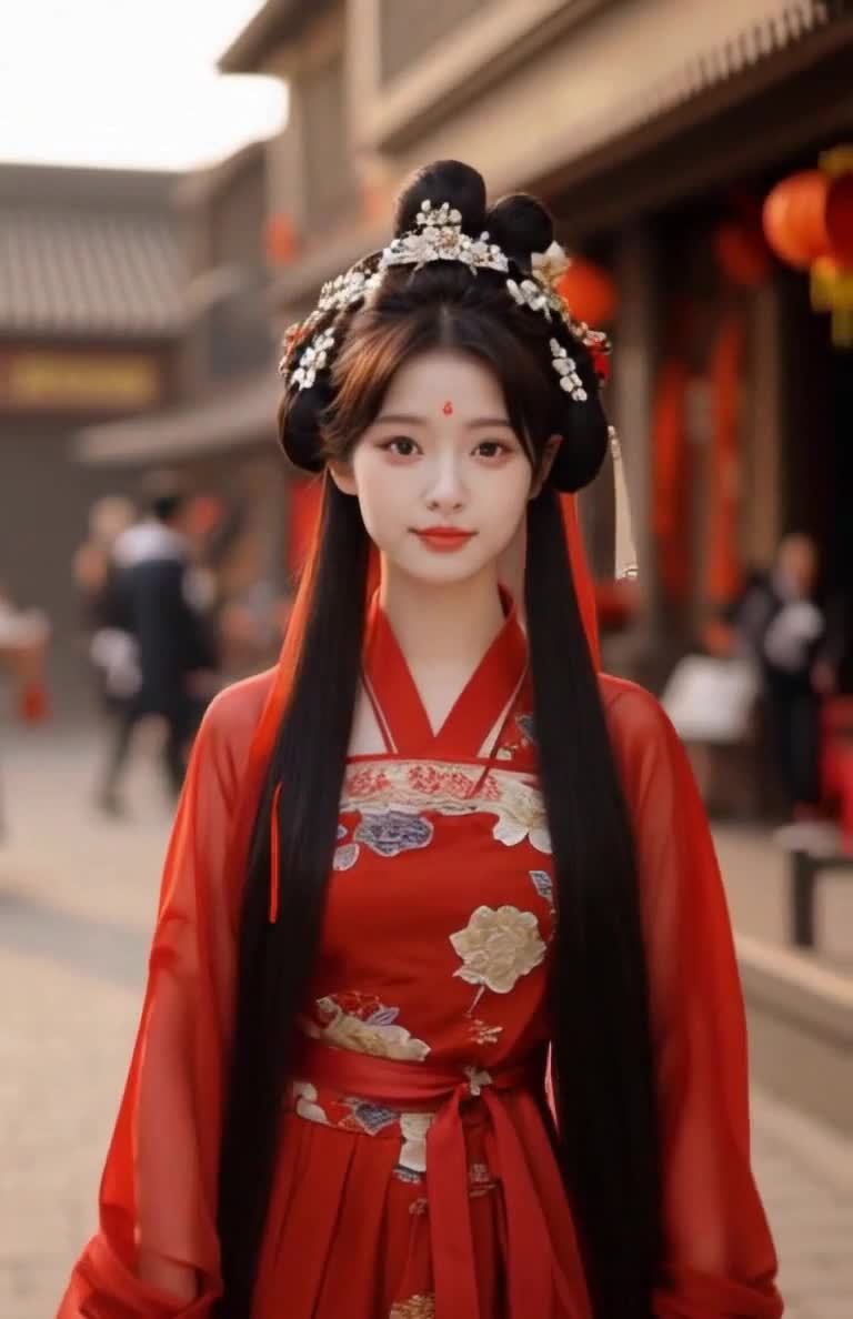 一位身着红色古装的年轻女子站在古代建筑物的街道上。