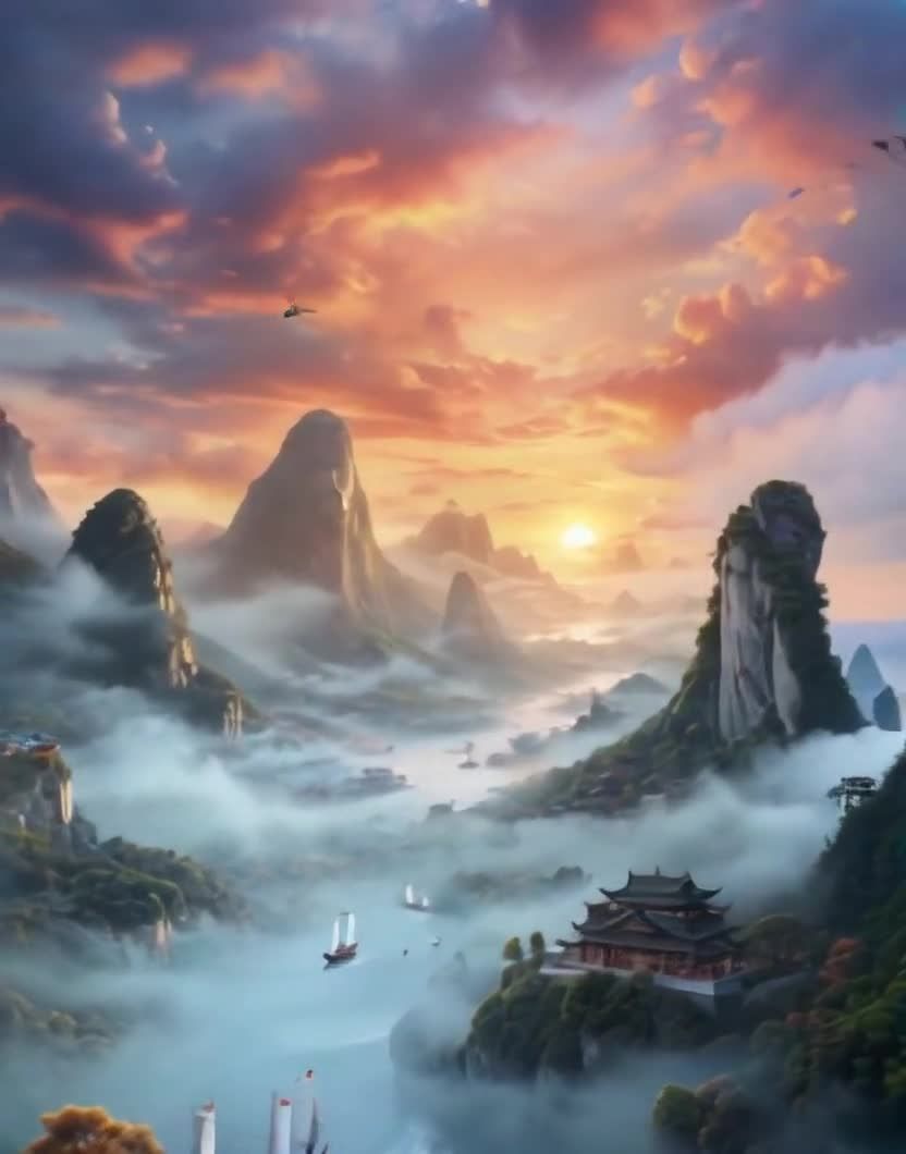 夕阳晚霞下的山水画卷：飞鸟，帆船，古建筑