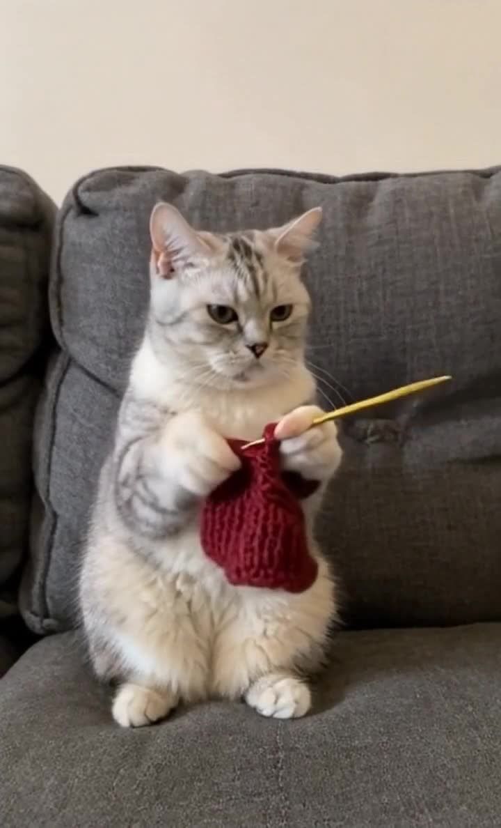 小猫咪沙发上织红色毛衣