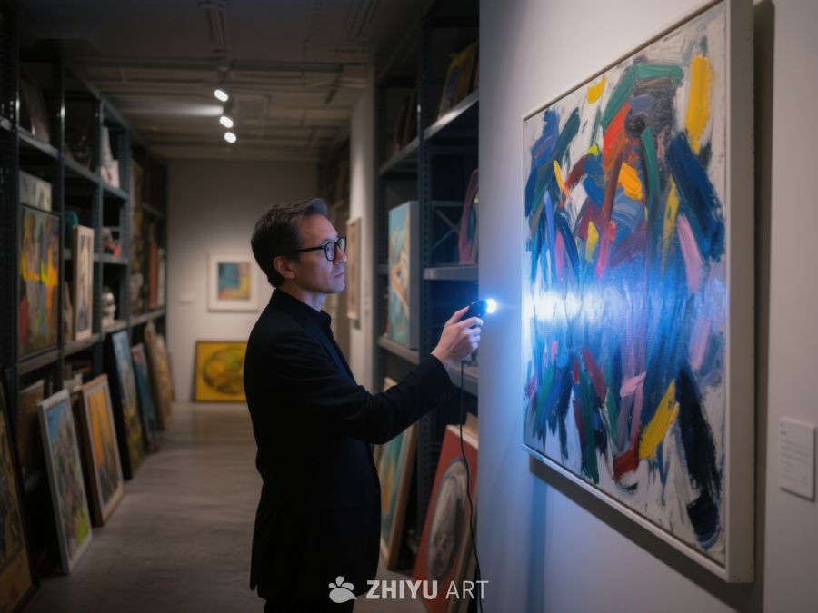 男子在画廊中用灯检查抽象画作 268