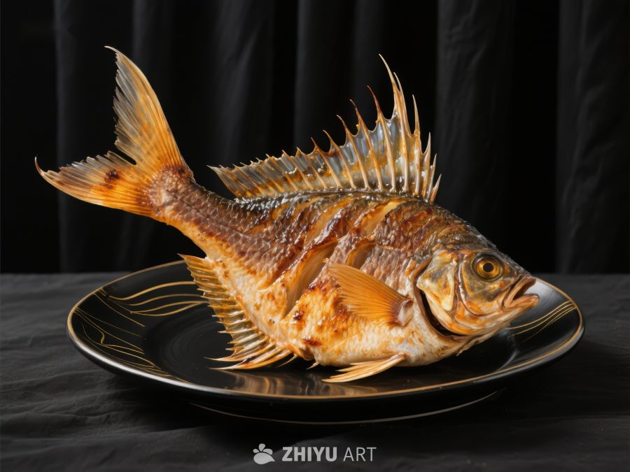 烤制金鱼，盘中呈现