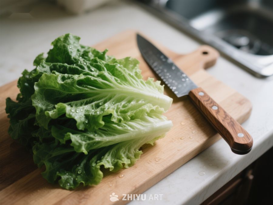 生菜与刀具置于砧板之上 358