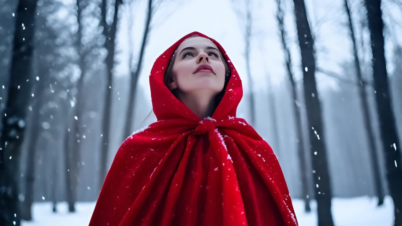 一个穿着红色斗篷的女子站在雪中，她抬头向上看。周围