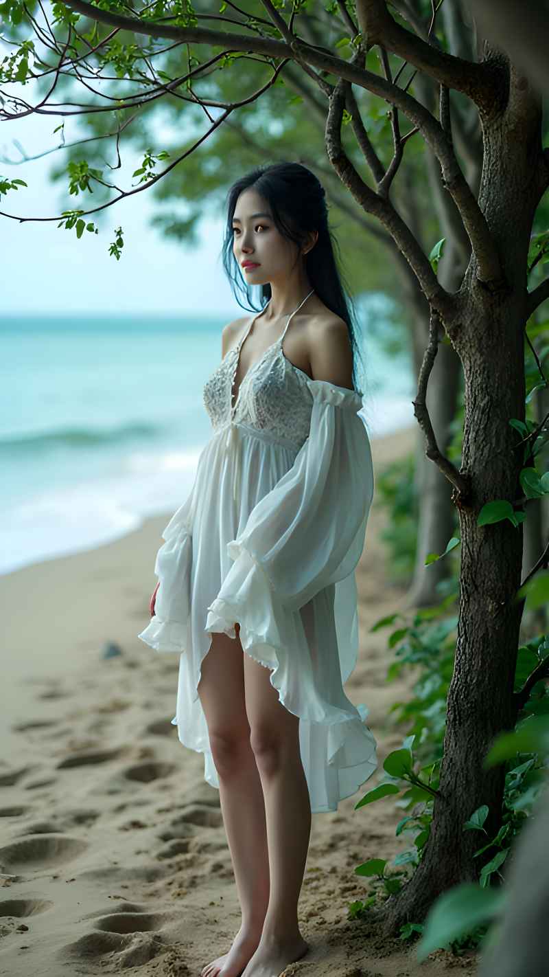 森林系白色连衣裙美女拍色 49