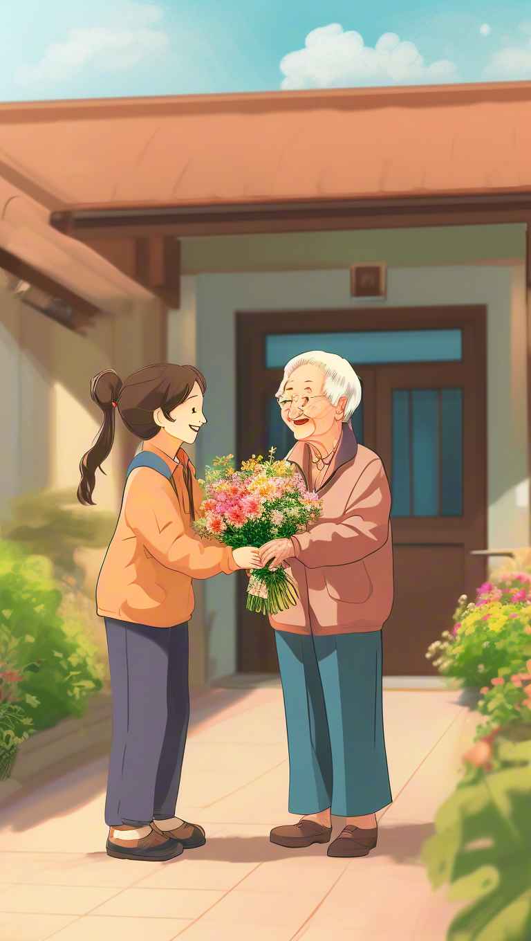 青年志愿者陪伴老人，递上鲜花 2