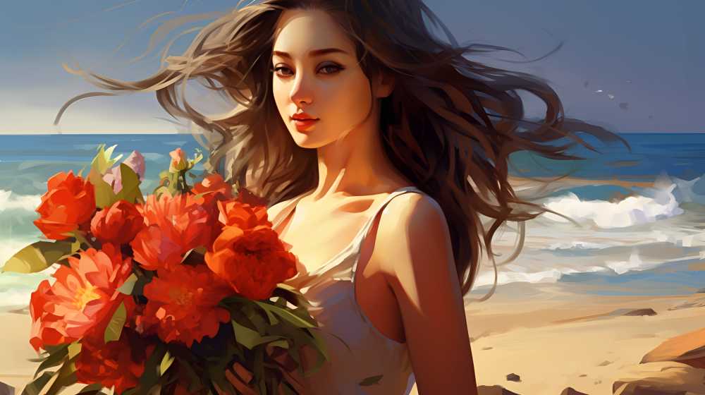 手拿花花的插画美女