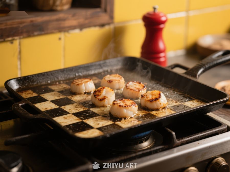 煎锅中的美味扇贝