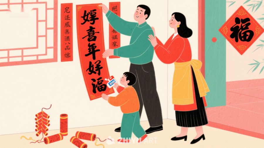 家庭贴春联迎新春 517