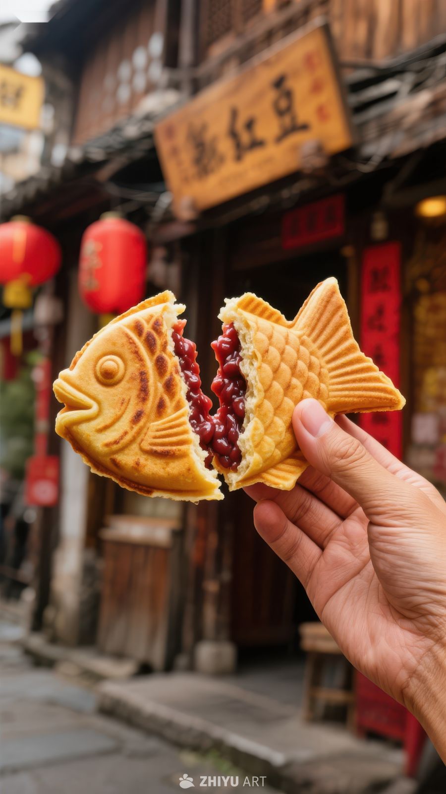 手持鱼形糕点，背景古街灯笼