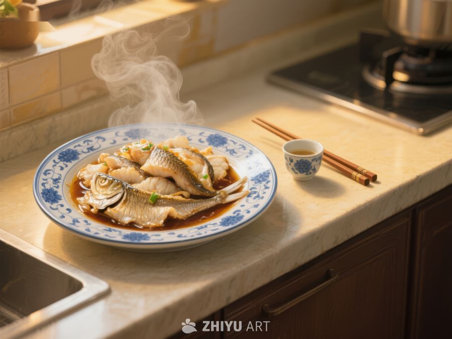 热气腾腾的清蒸鱼摆盘 778