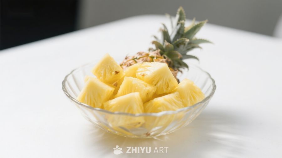 新鲜菠萝切块置于透明碗中 485