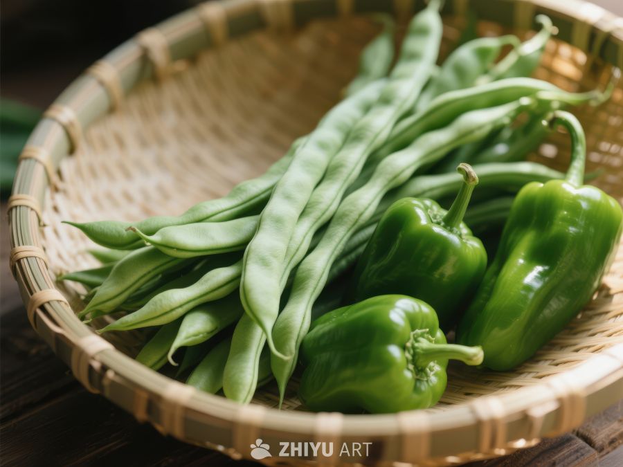 竹篮中的新鲜绿豆角与青椒 837