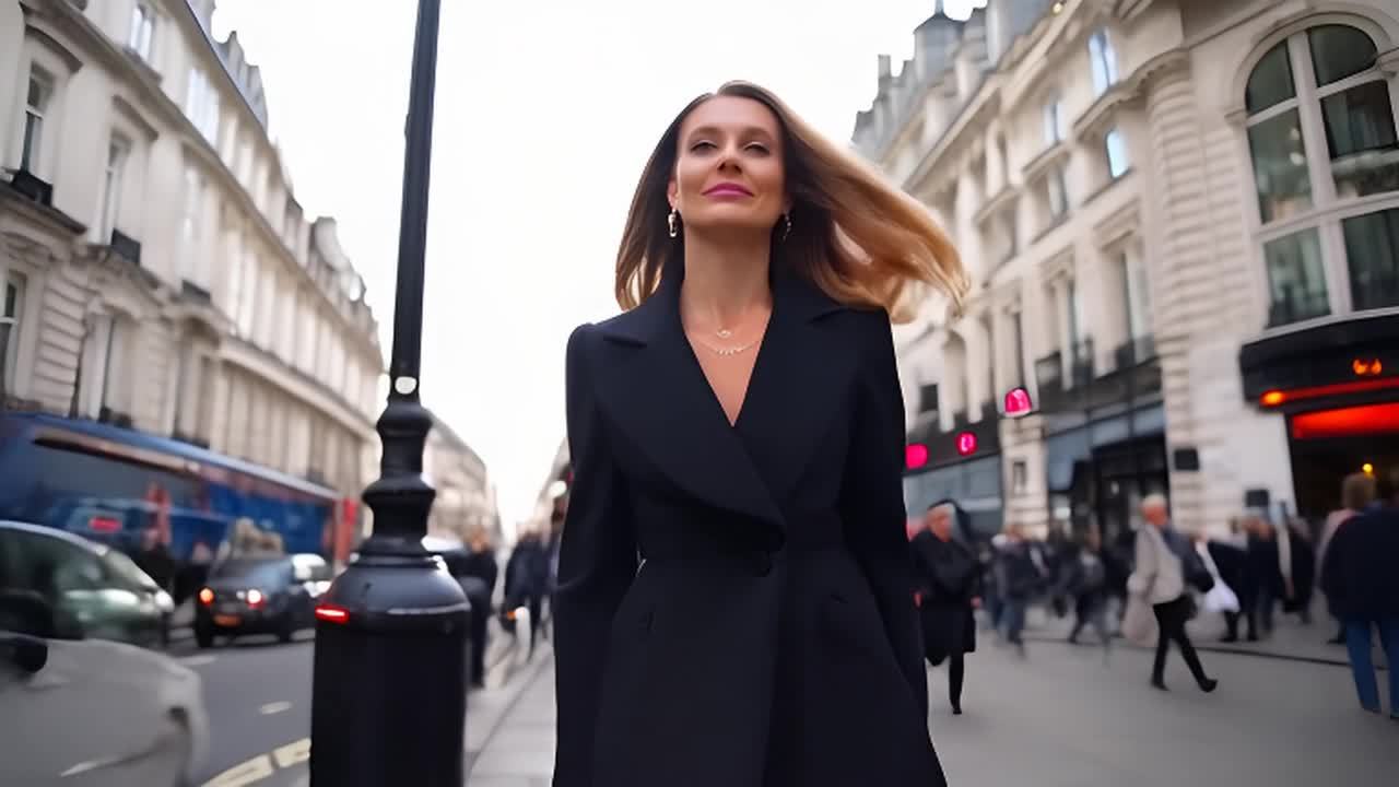 一位穿着黑色外套的女士走在繁忙的伦敦街道上。街道上