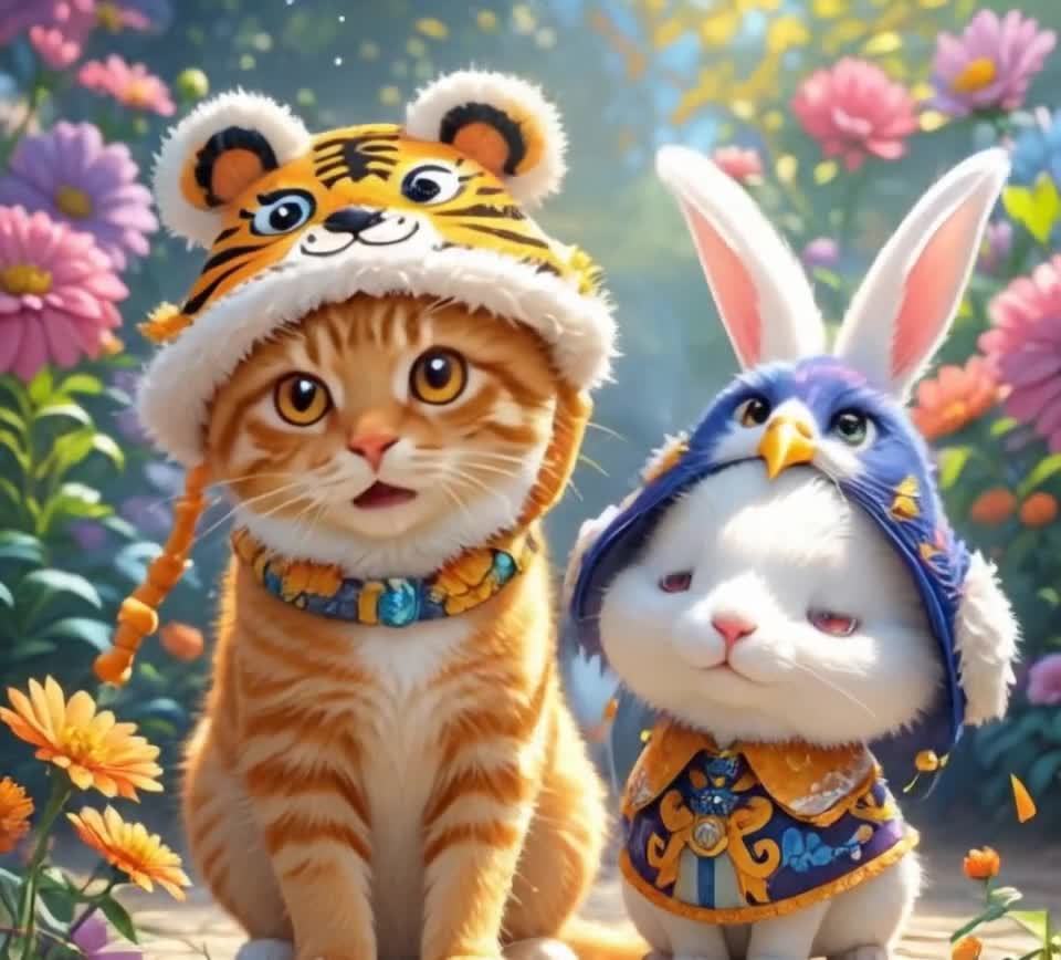 戴帽子猫兔鲜花环绕的可爱动物伙伴