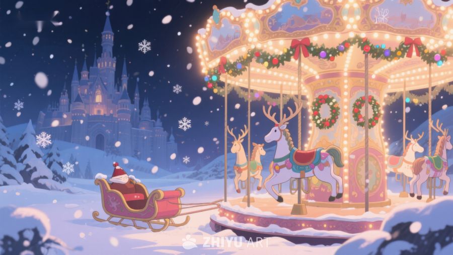 冬夜雪景中的圣诞老人与旋转木马 92