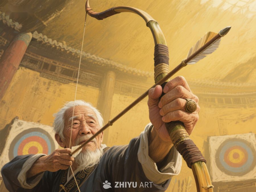 老者专注射箭，背景靶场 628