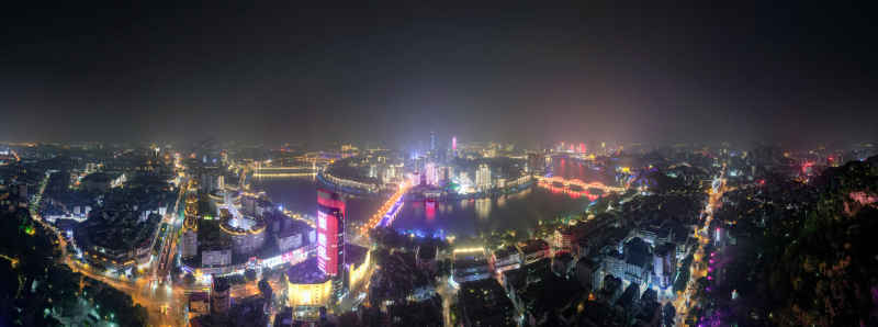 广西柳州城市夜景灯光航拍全景图 