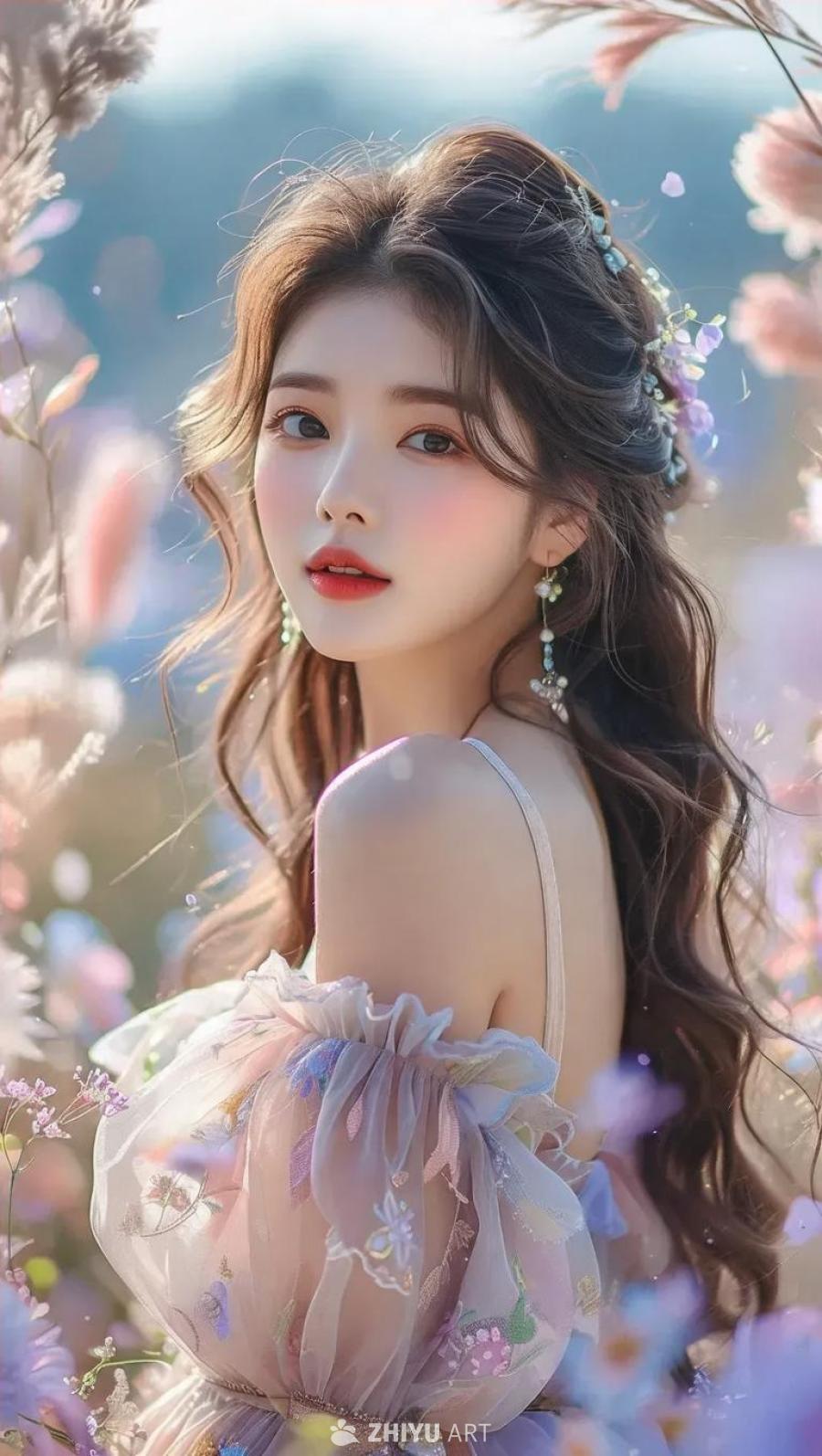 一个年轻女子站在花丛中。她长长的波浪发上戴着花朵，