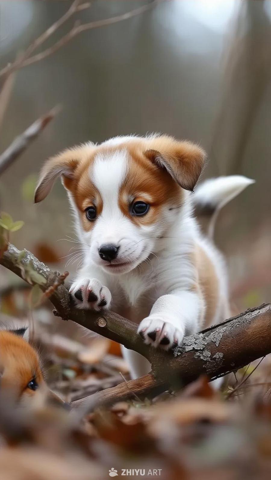 一只幼犬，有着柔软的白色毛皮和棕色斑块，穿梭在灌木