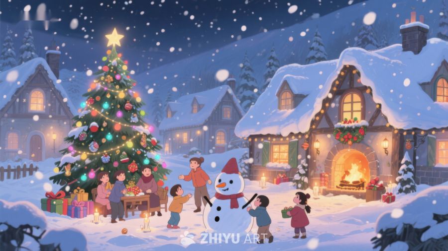 冬夜雪景中的温馨圣诞聚会 106